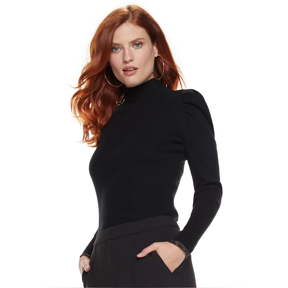 NWT NEW Nine West XXL Black Puff Sleeve Sweater Mock Turtleneck Ribbed Knit CUTE
